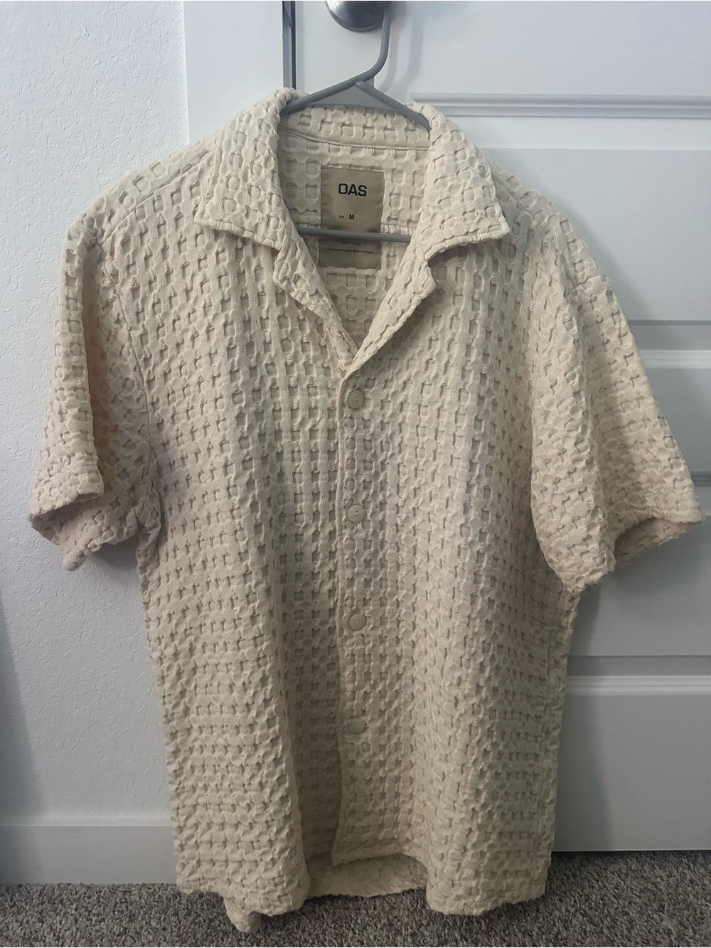 OAS Men's Cream Textured Waffle Short Sleeve Button-Down Shirt